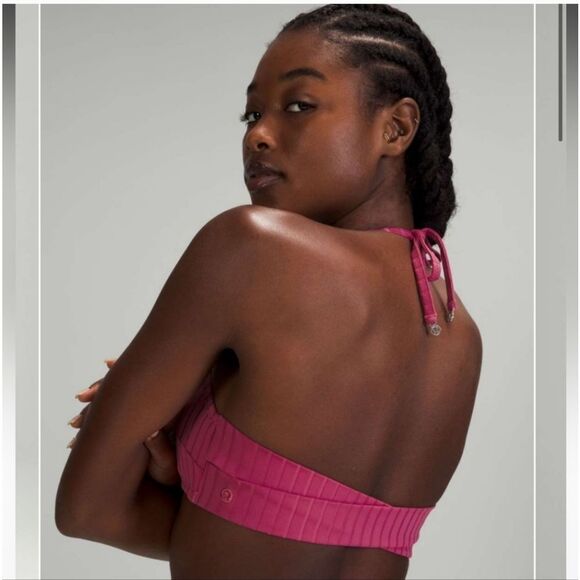 Lululemon Ribbed Halter Cross Back Swim Top for A/B Cups Pink Lychee Size Medium - Picture 6 of 7